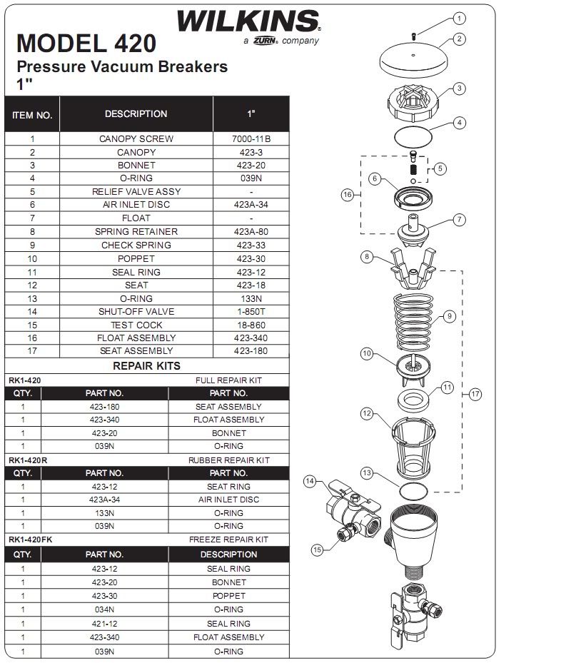 WILKINS 1" 420 FULL REPAIR KIT BACKFLOW PVB RK1420 eBay