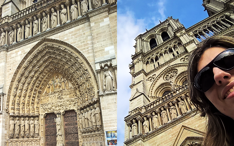 Catedral de Notre Dame: a frente cheia de detalhes e eu turistando