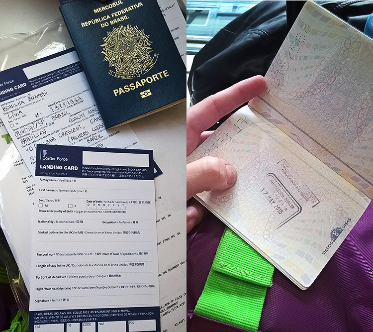 Documentos para a temida imigração inglesa (que é feita ainda em Paris) e o carimbo no passaporte