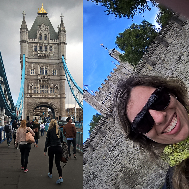 Porque a graça está exatamente em passar pela Ponte da Torre. E olha só eu na frente da Torre de Londres!