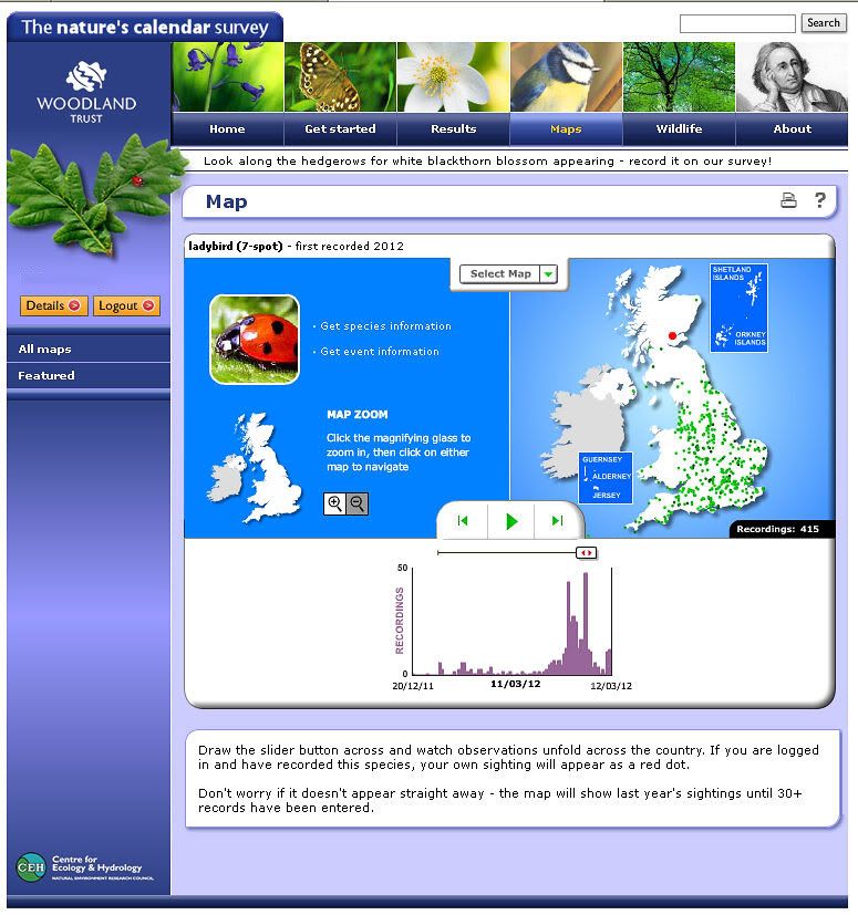 Map of Sightings of 7 spot scottish ladybirds 